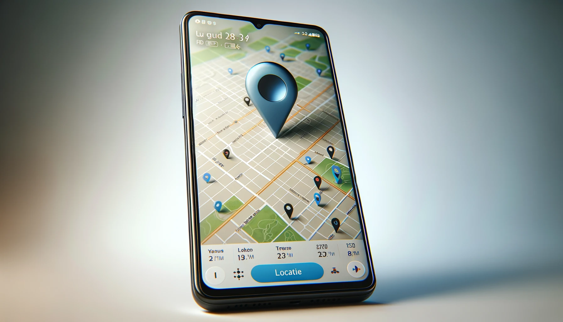 a mobile phone showing a location tracking app on its screen. 