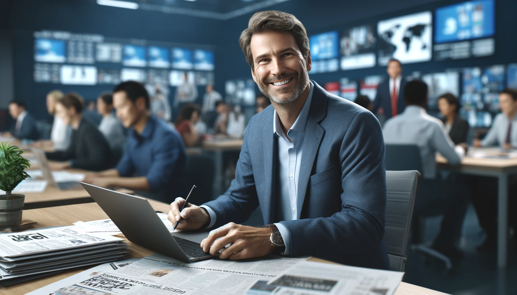 A smiling journalist working in a busy newsroom.