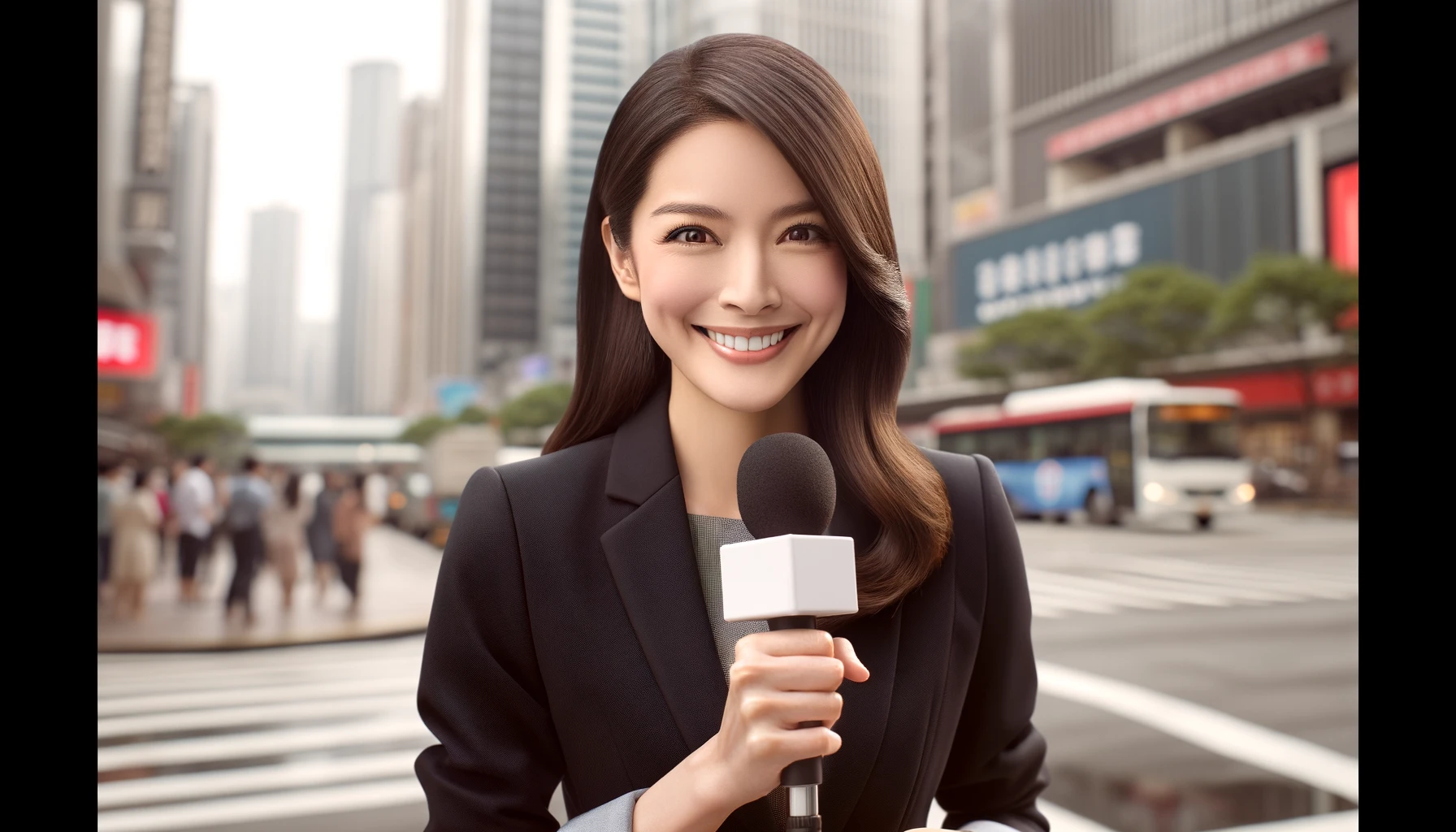 A smiling female journalist reporting outdoors in a city environment.