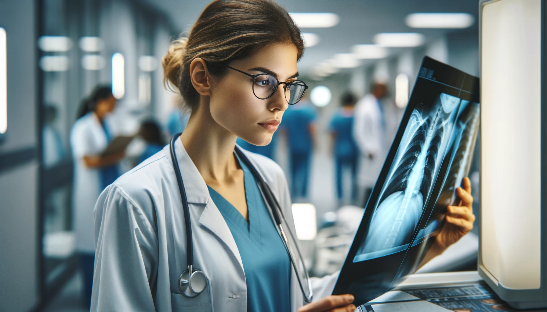 a thoughtful female doctor working in a hospital setting. The doctor, a young Caucasian woman, is examining a patient's X-ray film in front of a light box.