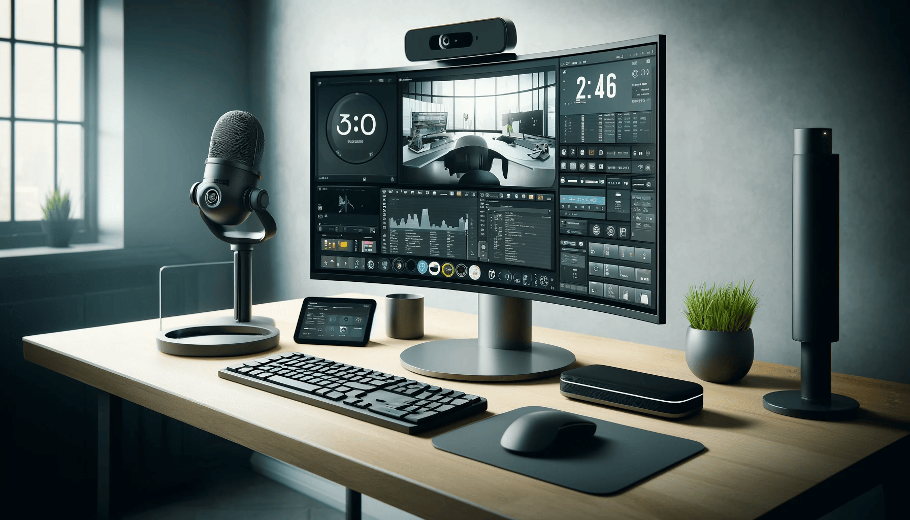 a large, curved monitor displaying multiple windows for multitasking, a high-end wireless keyboard and mouse, a professional microphone for clear audio in meetings, and a high-definition webcam mounted on the monitor.