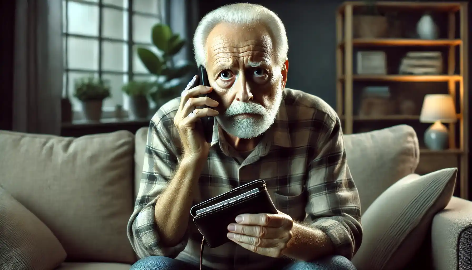 A elderly man with a worried expression is sitting in his living room while talking on the phone with a scammer posing as a bank security officer.
