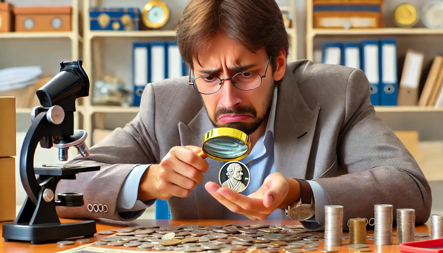 A disappointed coin collector is holding a counterfeit 'rare' coin in his hand.